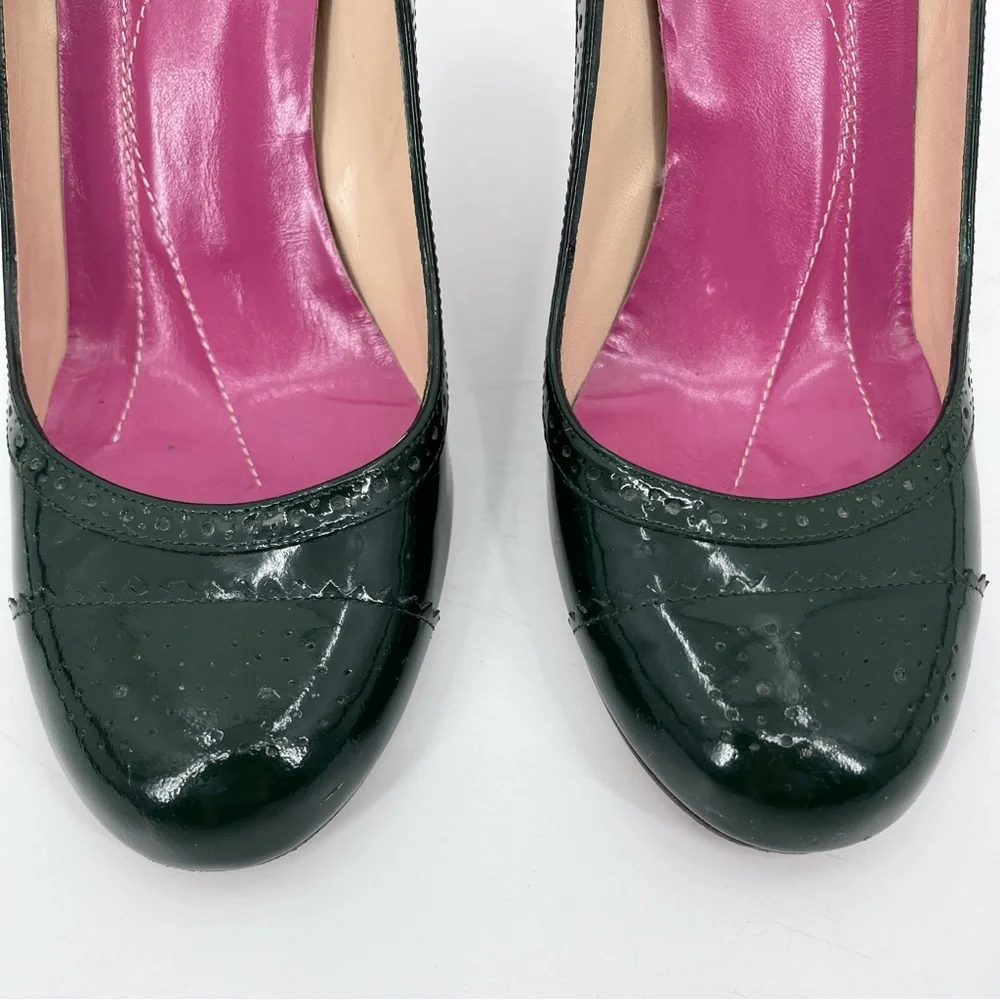 Kate Spade Rich Green Patent Leather Brogue Round Toe High Heels Size 7